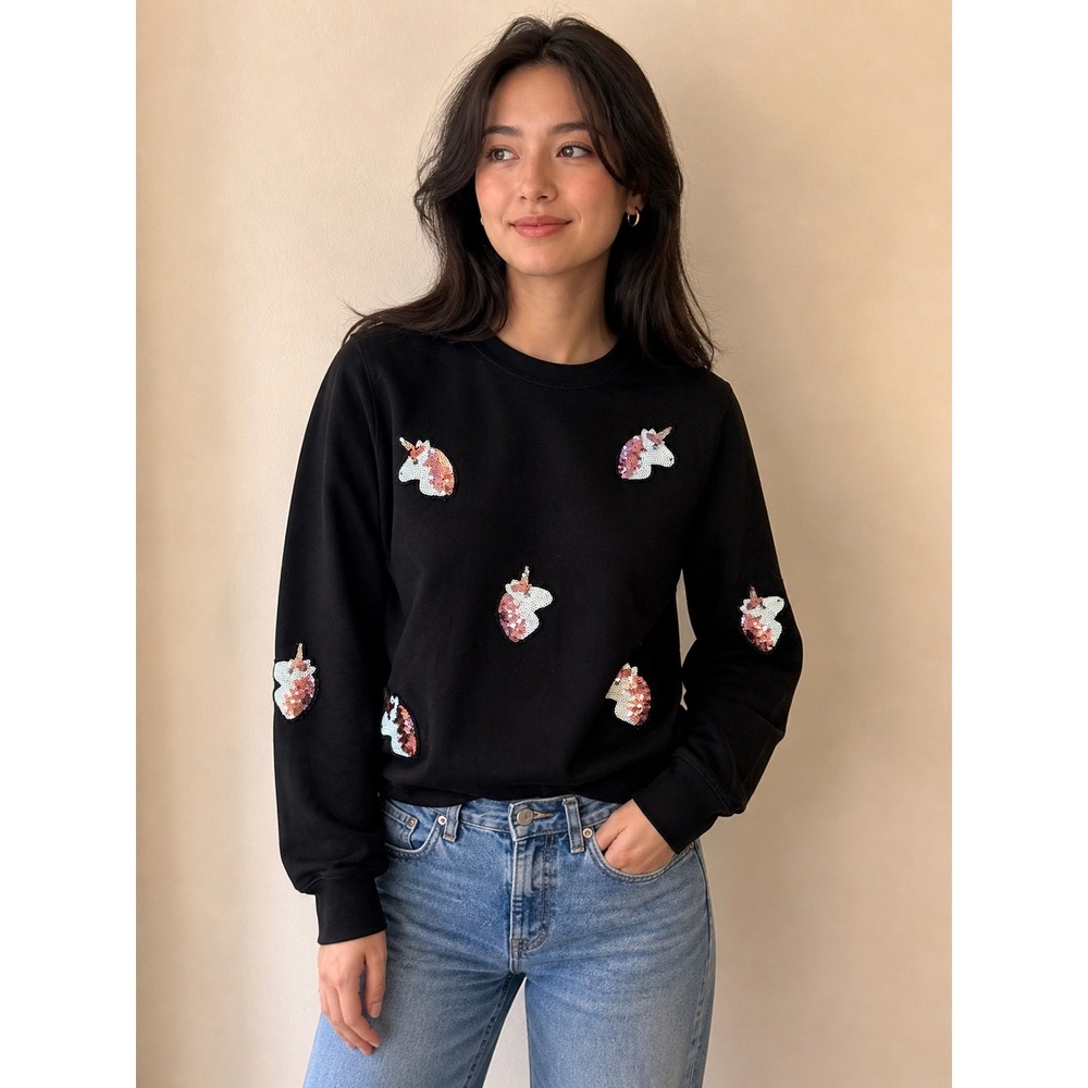 Abercrombie Kids Girls Black Sequin Unicorn Crewneck Sweatshirt Size 11/12